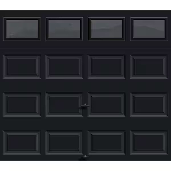 Black raised-panel garage door with glass window inserts showing a classic residential style option